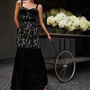 NWT Milly Black Lace Bustier Dress Maxi Floral Nude Lined Formal Cocktail USA 14